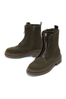 Women's Khaki Suede Leather Zippered Flat Boots | Derimod