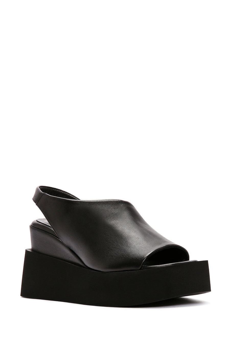 Women's Black Wedge Heeled Leather Sandals