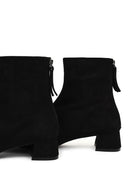 Woman Black Zip Closure Short Thick Heeled Suede Boots | Derimod