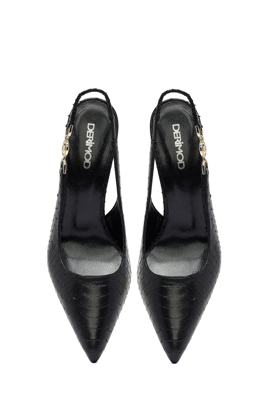 Woman Black Buckled Open Back Patterned Thin Heel Leather Shoe
