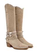 Women's Beige Thick Heel Buckle Detailed Suede Leather Cowboy Boots | Derimod