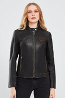 Tampa Women's Bronze Emblem Sports Leather Coat | Derimod