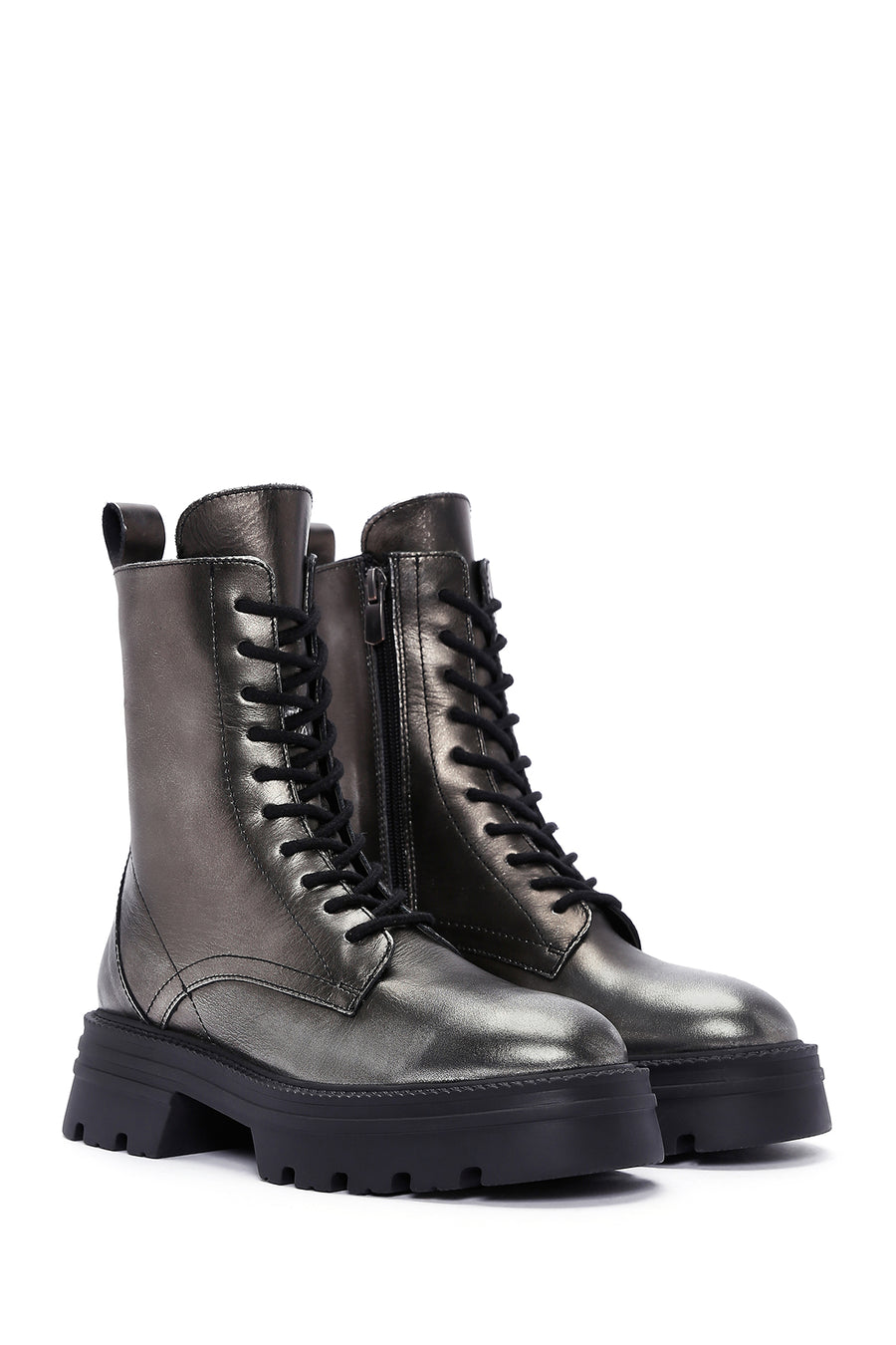 Women's Silver Zippered Leather Boots