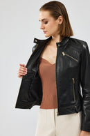 Heidi Women's Black Short Leather Jacket | Derimod