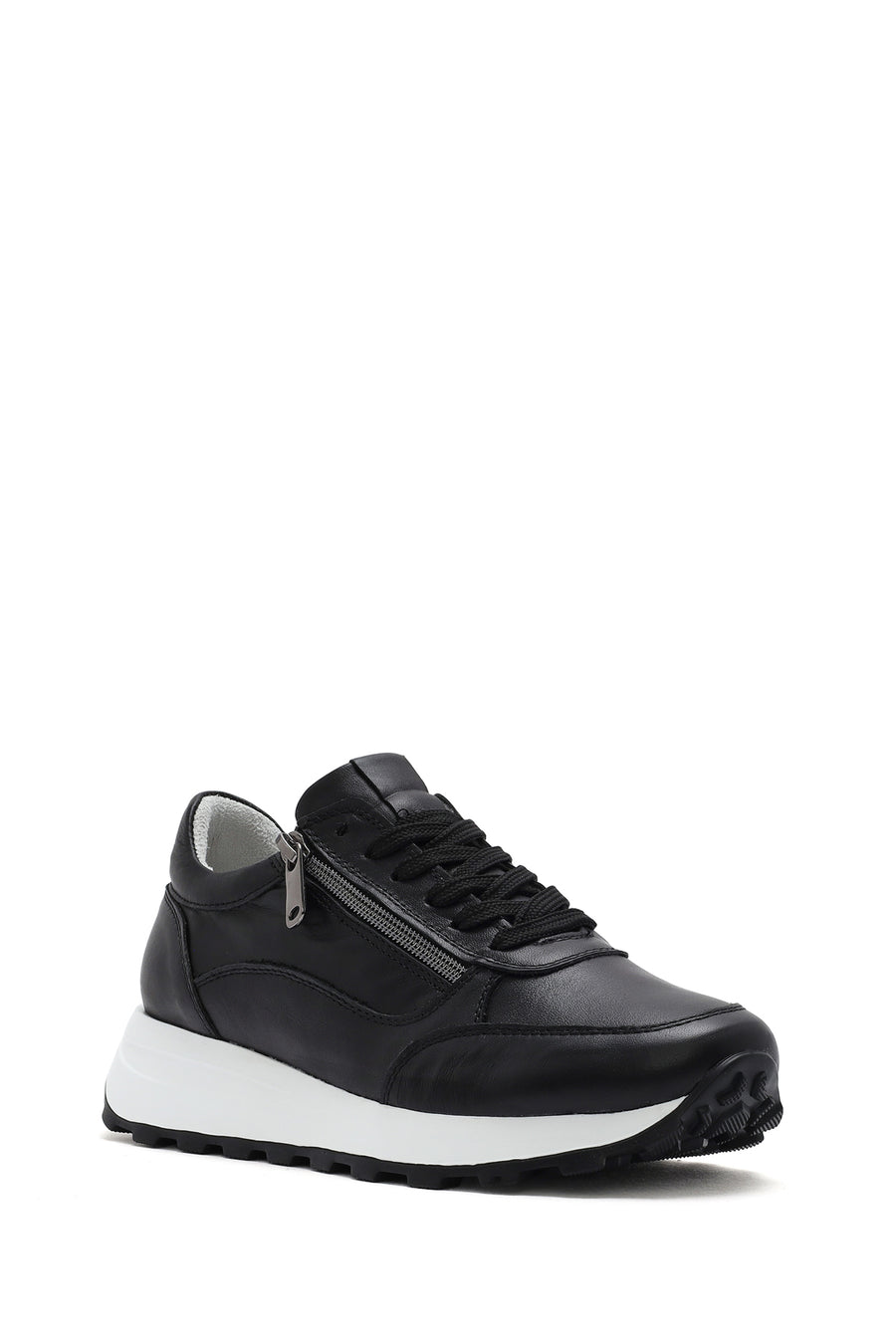Women's Black Lace-Up Side Zip Leather Sneakers