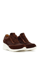Woman Brown Lace-Up Wedge Suede Leather Sneaker | Derimod