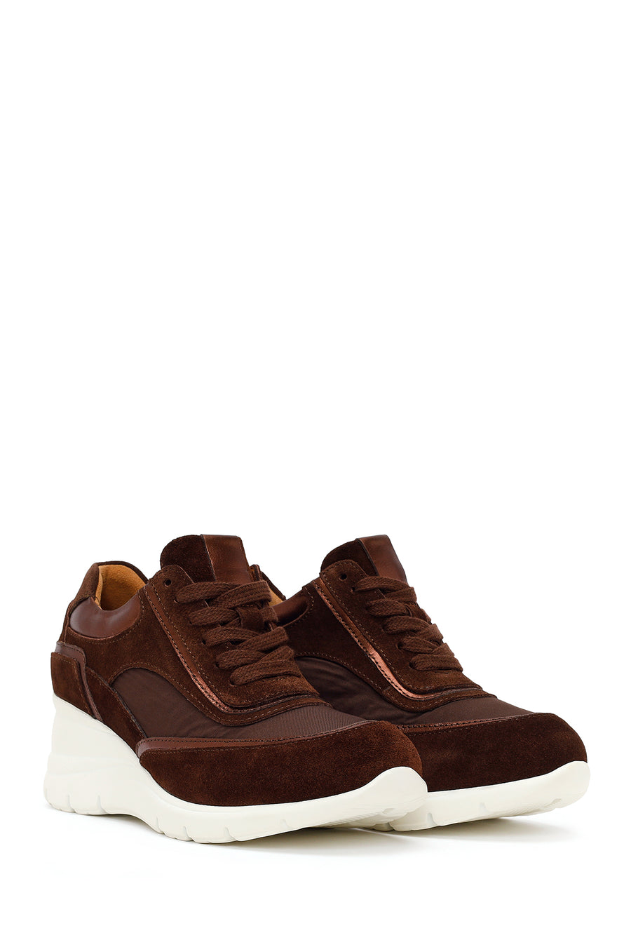 Kadın Kahverengi Bağcıklı Dolgu Topuklu Süet Deri Sneaker