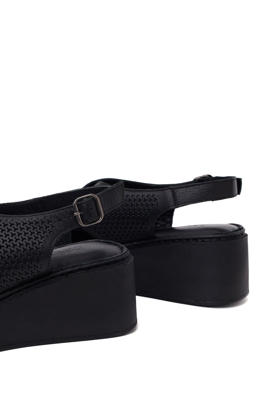 Woman Black Ankle-Buckle Wedge-Heel Leather Comfort Sandal