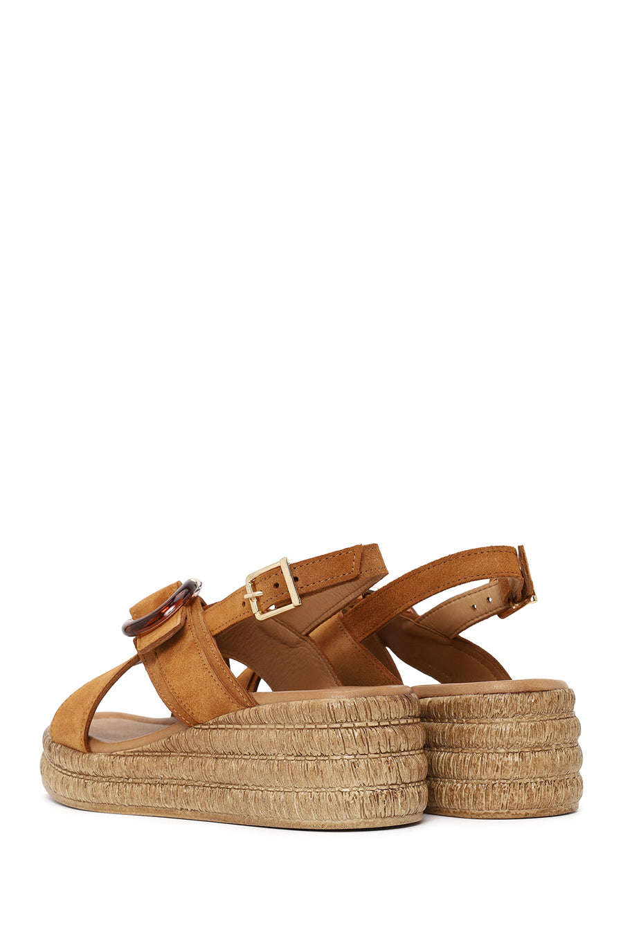 Woman Tan Buckled Wedge-Heel Suede Sandal