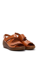 Women's Tan Leather Wedge Heel Comfort Sandals | Derimod