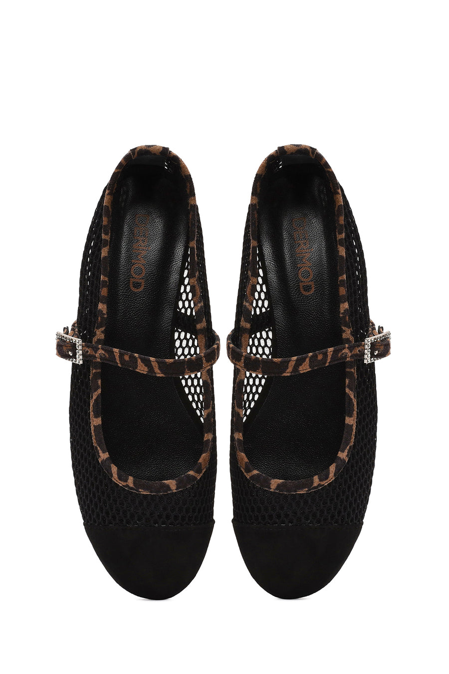 Women's Black Leopard Patterned Buckled Mesh Leather Ballerinas