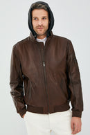 Garry Men's Cognac Hooded Leather Coat | Derimod