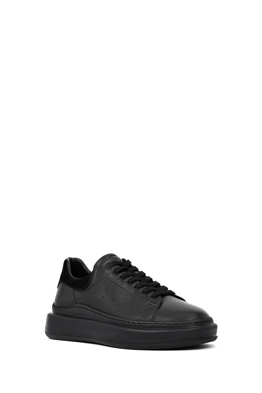 Erkek Siyah Bağcıklı Kalın Tabanlı Deri Sneaker