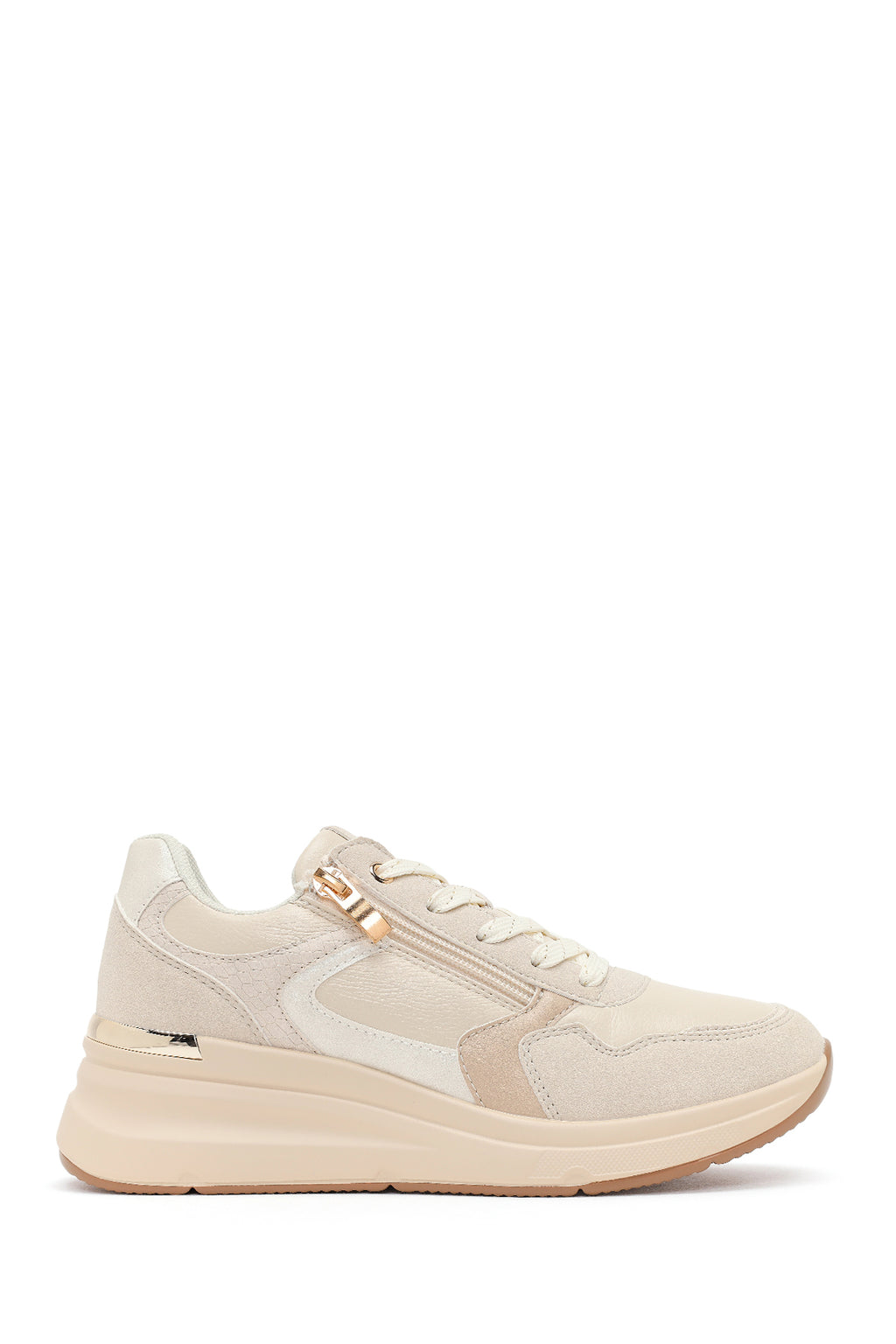 Kadın Bej Yandan Fermuarlı Bağcıklı Kalın Tabanlı Sneaker
