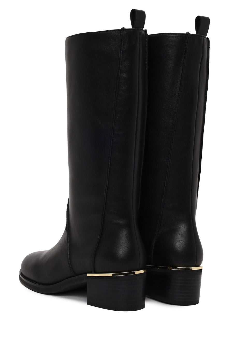 Woman Black Short Thick-Heeled Leather Boots