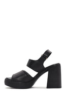 Women's Black Ankle Strap Thick Heeled Leather Sandals | Derimod