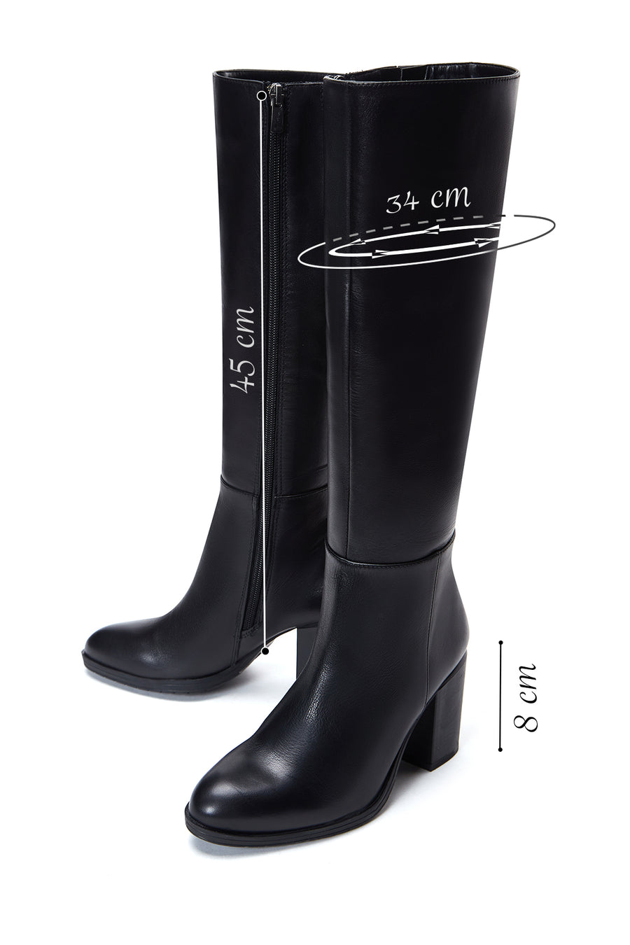 Women's Black Zippered Thick Heel Leather Boots