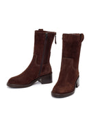 Woman Brown Zip Closure Chunky-Heeled Suede Leather Boots | Derimod