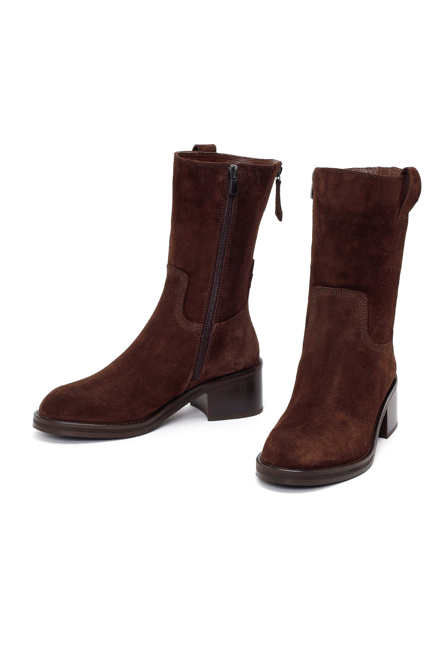 Woman Brown Zip Closure Chunky-Heeled Suede Leather Boots