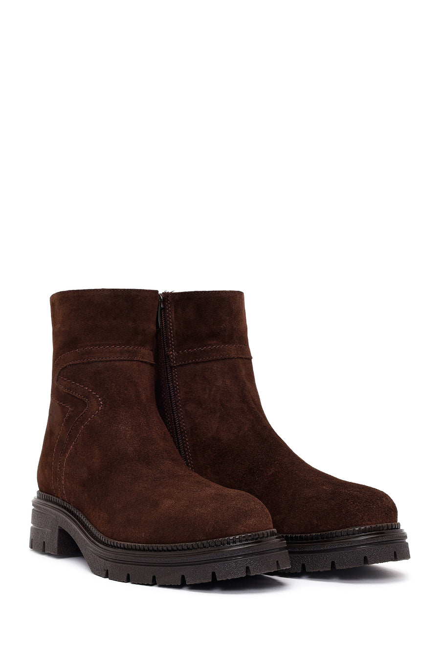 Woman Brown Thick-Soled Zip Closure Suede Casual Boots