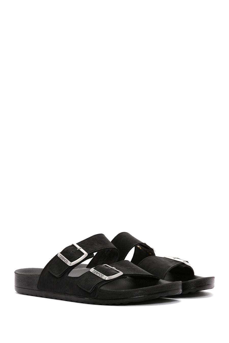 Men's Black Double Buckle Suede Leather Slippers