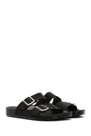 Men's Black Double Buckle Suede Leather Slippers | Derimod