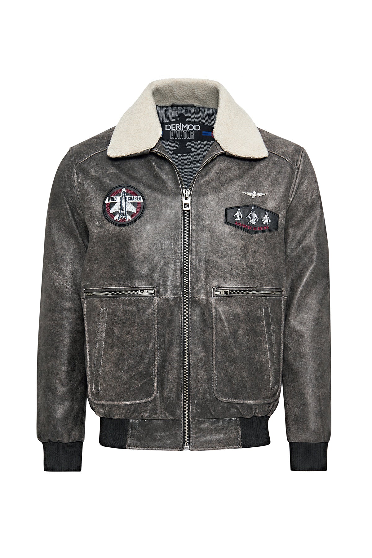 Hurricane Men's Grey Fur Collar Pilot Leather Jacket with Emblem 24WGD6543G6 | Derimod