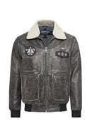 Hurricane Men's Grey Fur Collar Pilot Leather Jacket with Emblem | Derimod