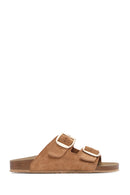 Women's Brown Buckle Suede Leather Slippers | Derimod