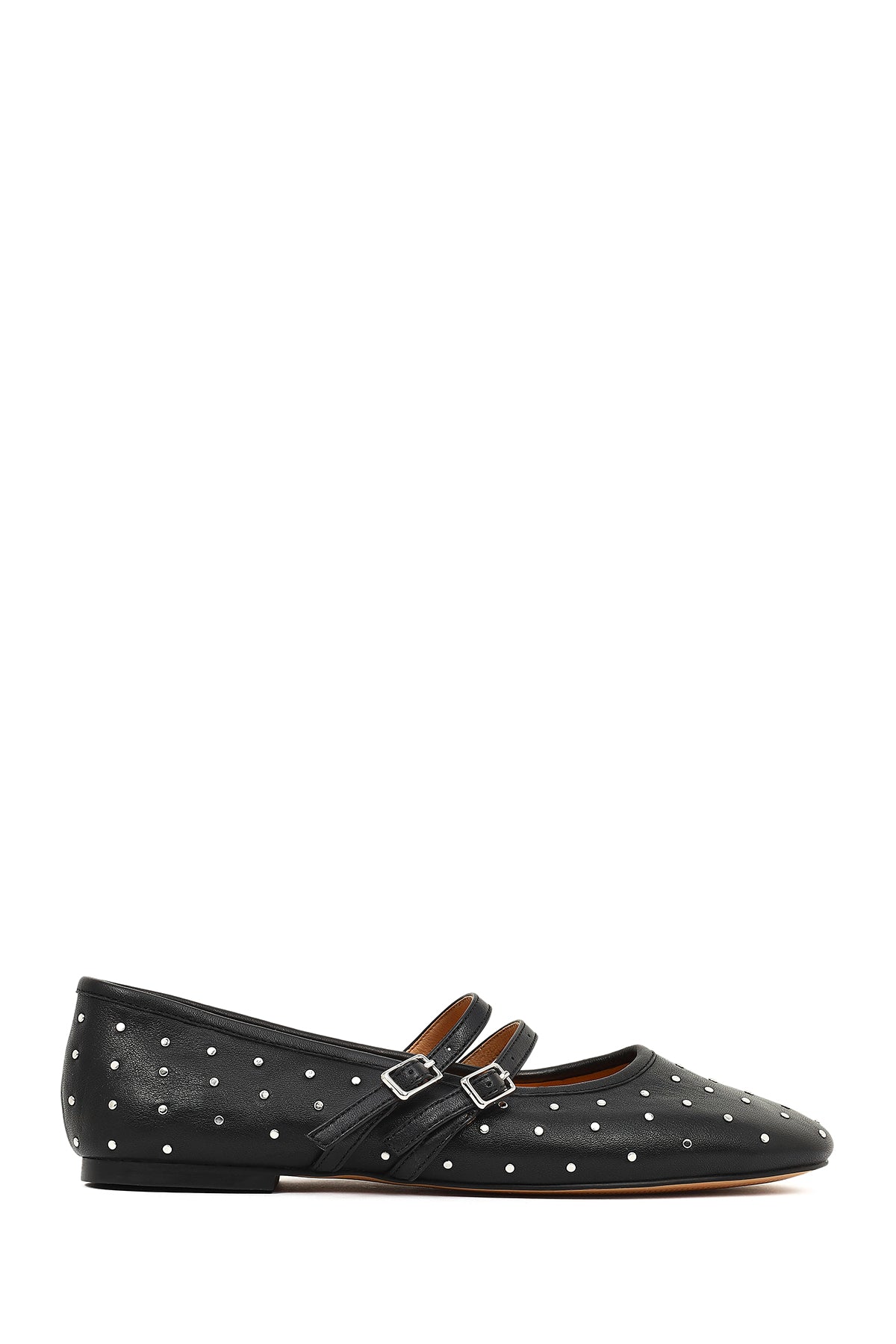 Woman Black Double-Buckle Embellished Leather Ballerine Shoes 26PFD551918 | Derimod