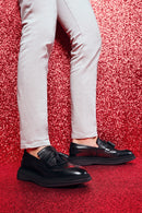 Men's Black Leather Tassel Loafer | Derimod