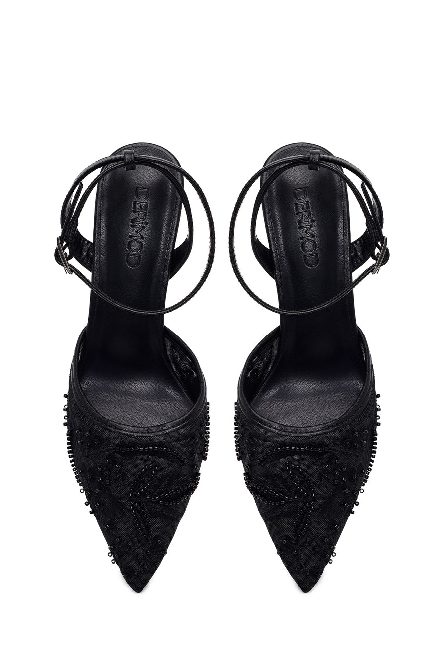 Woman Black Ankle-Buckle Floral Embroidered Open-Back Thin High Heel