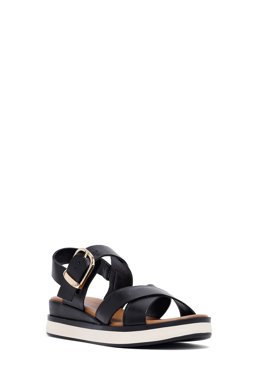 Women's Black Ankle Buckle Thick Soled Leather Sandals