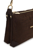 Woman Brown Printed Long-Strap Suede Shoulder Bag | Derimod