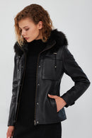 Elenor Women's Black Hooded Fur Leather Jacket | Derimod