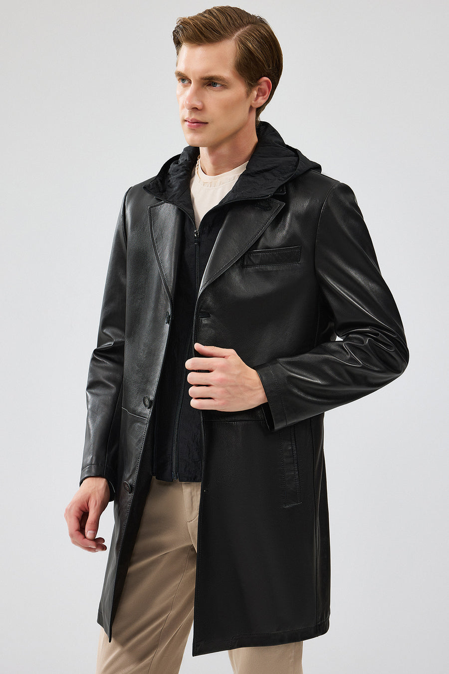 Dias Men's Black Long Hooded Leather Trench Coat