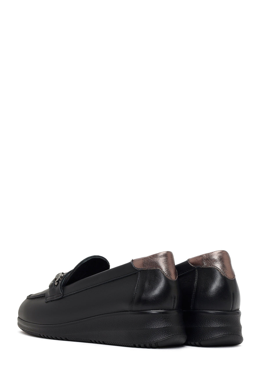 Women's Black Buckle Platform Leather Comfort Loafer
