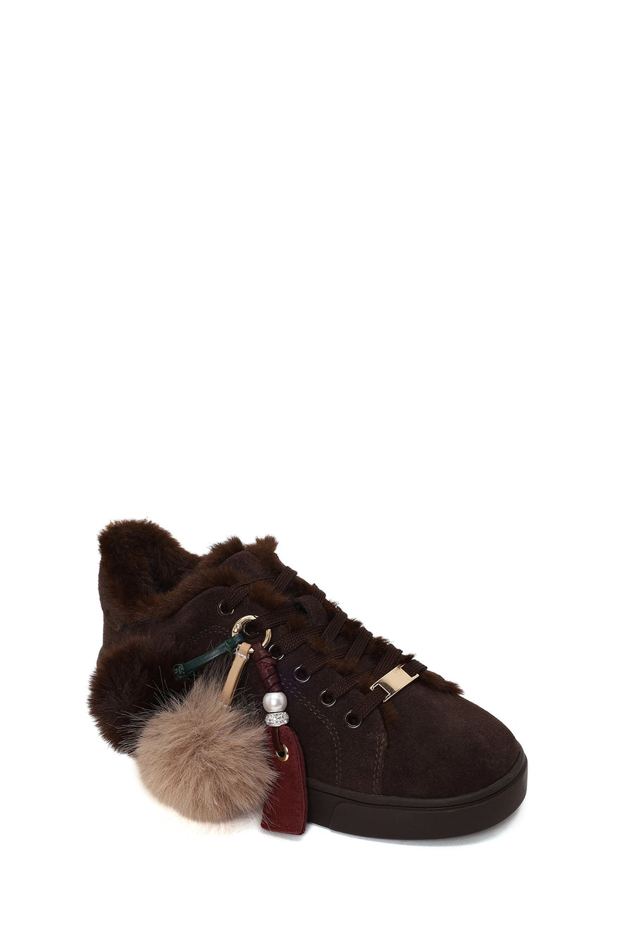 Woman Brown Lace-Up Charmed Suede Teddy Sneaker