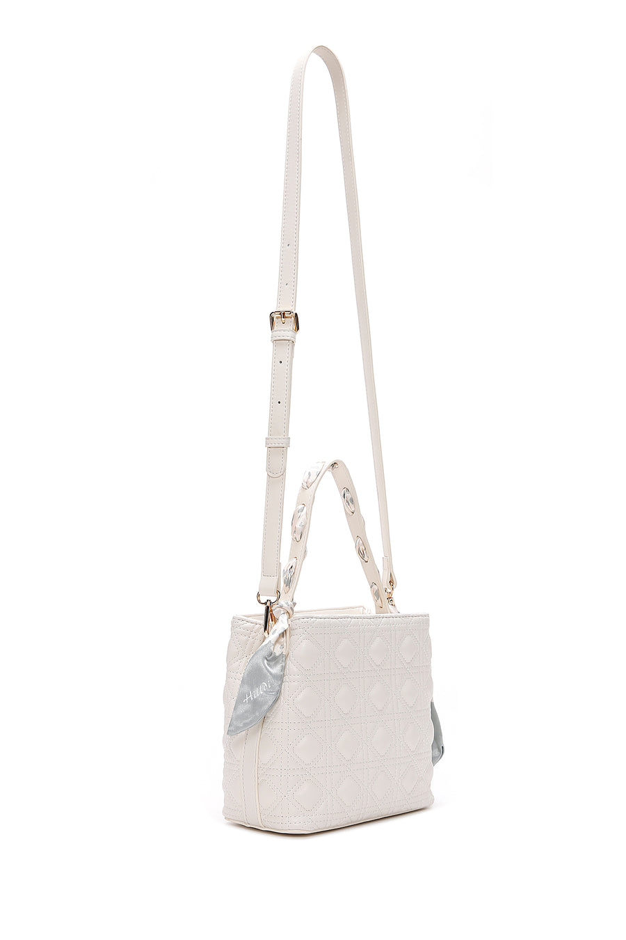 Women's Cream Long Strap Quilted Handbag with Accessory Detail