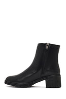 Woman Black Zip Closure Short Thick-Heeled Leather Boots | Derimod