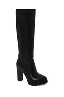 Woman Black Zip Closure High Thick-Heeled Leather Boots | Derimod