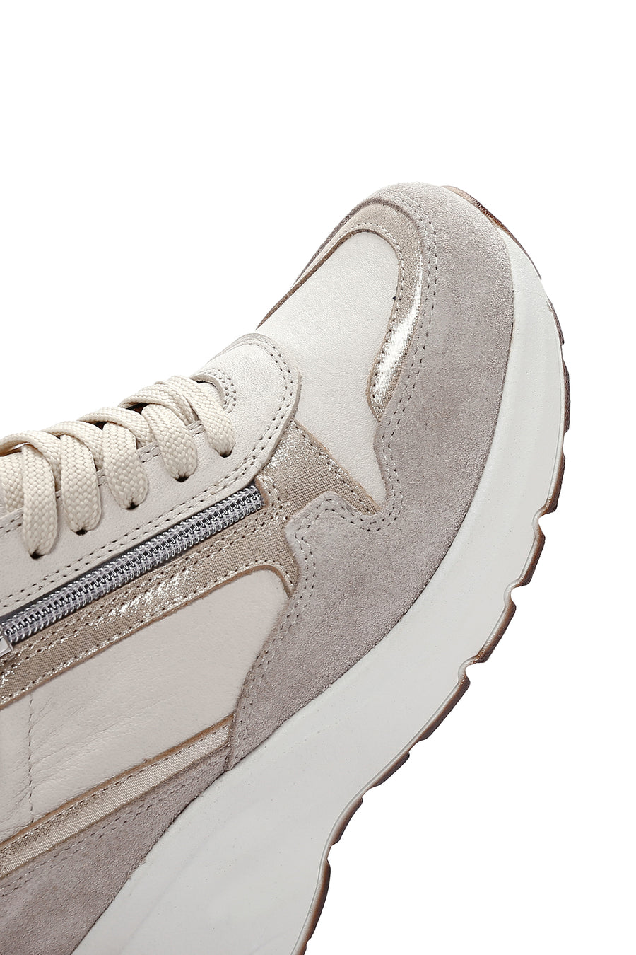 Women's Beige Lace-Up Zipper Detail Wedge Heel Leather Sneakers