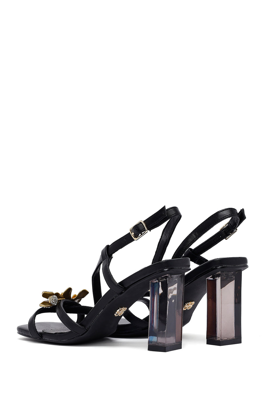 Woman Black Buckled Transparent Thick Heel Sandals