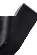 Women's Black Leather Wedge Heel Slippers | Derimod