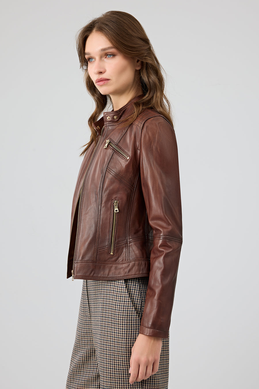 Kylie Women's Brown Mandarin Collar Leather Jacket