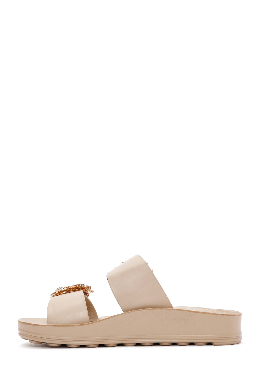 Women's Beige Double Buckled Stoned Slippers