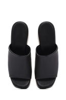 Women's Black Wedge Heeled Leather Slippers | Derimod