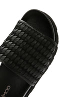 Women's Black Knit Leather Slippers | Derimod