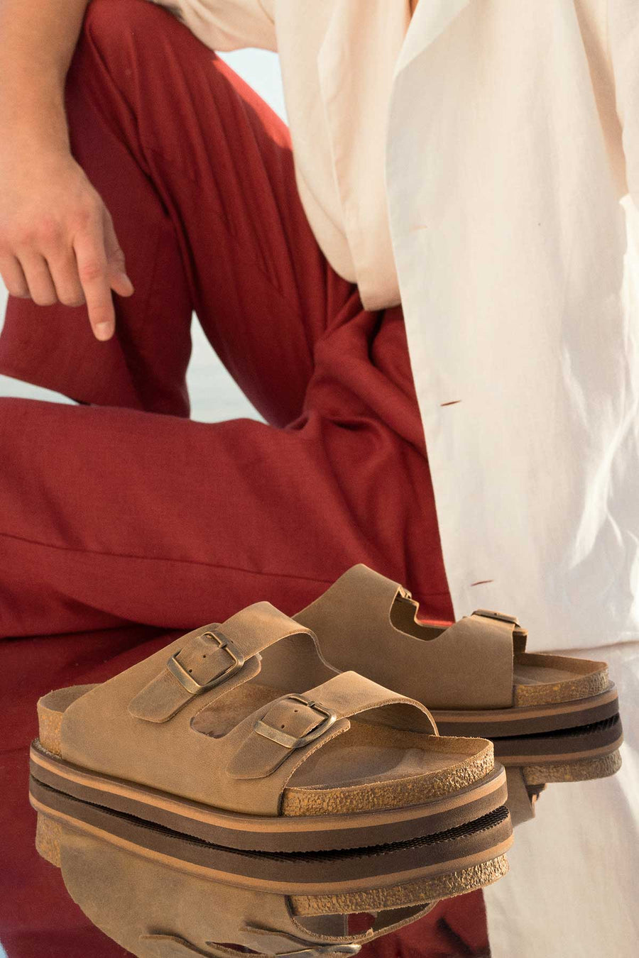 Men's Beige Buckled Nubuck Leather Slippers 25SFD6255V3 | Derimod