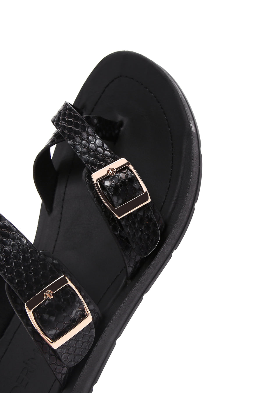 Women's Black Double Buckled Patterned Slippers